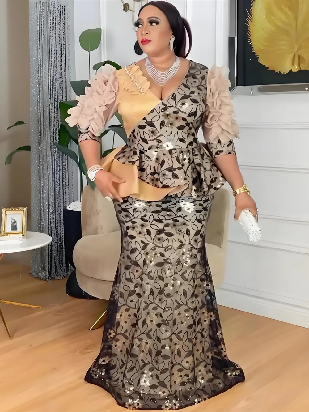 Plus Size African Party Dresses for Women Dashiki Sequin Sexy Bodycon Long Dress Elegant Turkey Muslim Wedding Evening Gown