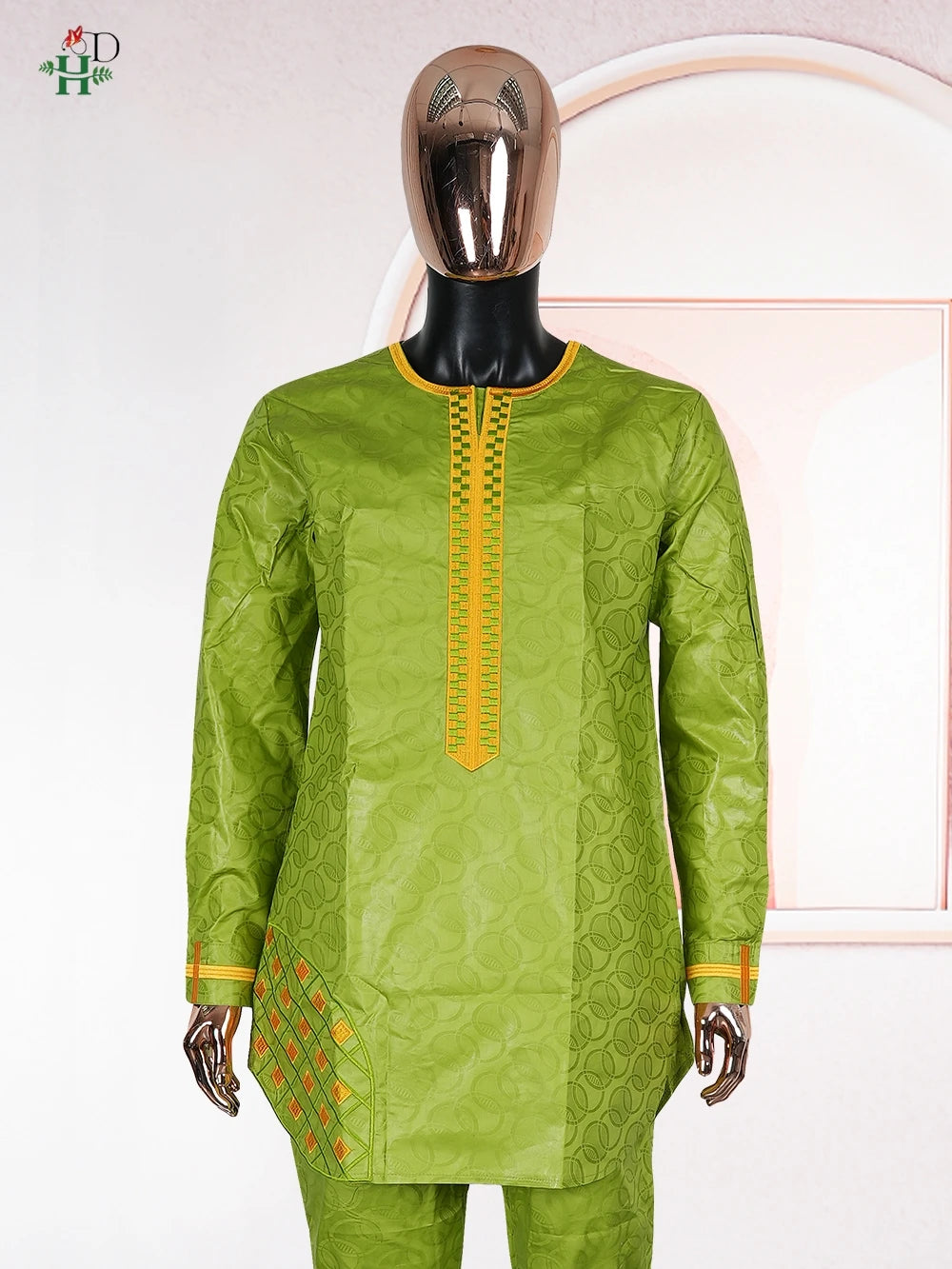 H&D African Clothing For Man Traditional Agbada Sets 2PCS Green Bazin Riche Shirt Pant Embroidered Wedding Party Suits Plus Size