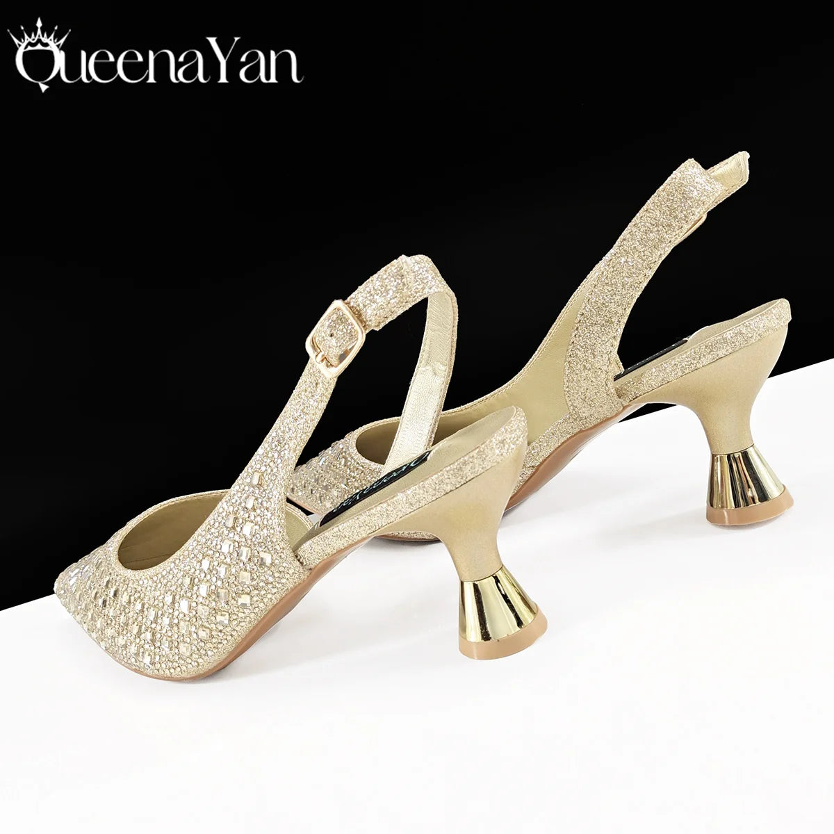 Queena Yan 2025 Italian Design Rhinestone Luxury Navy Blue Pointed Toe Shoe & Bag Set Women High Heels for Parties High Quality