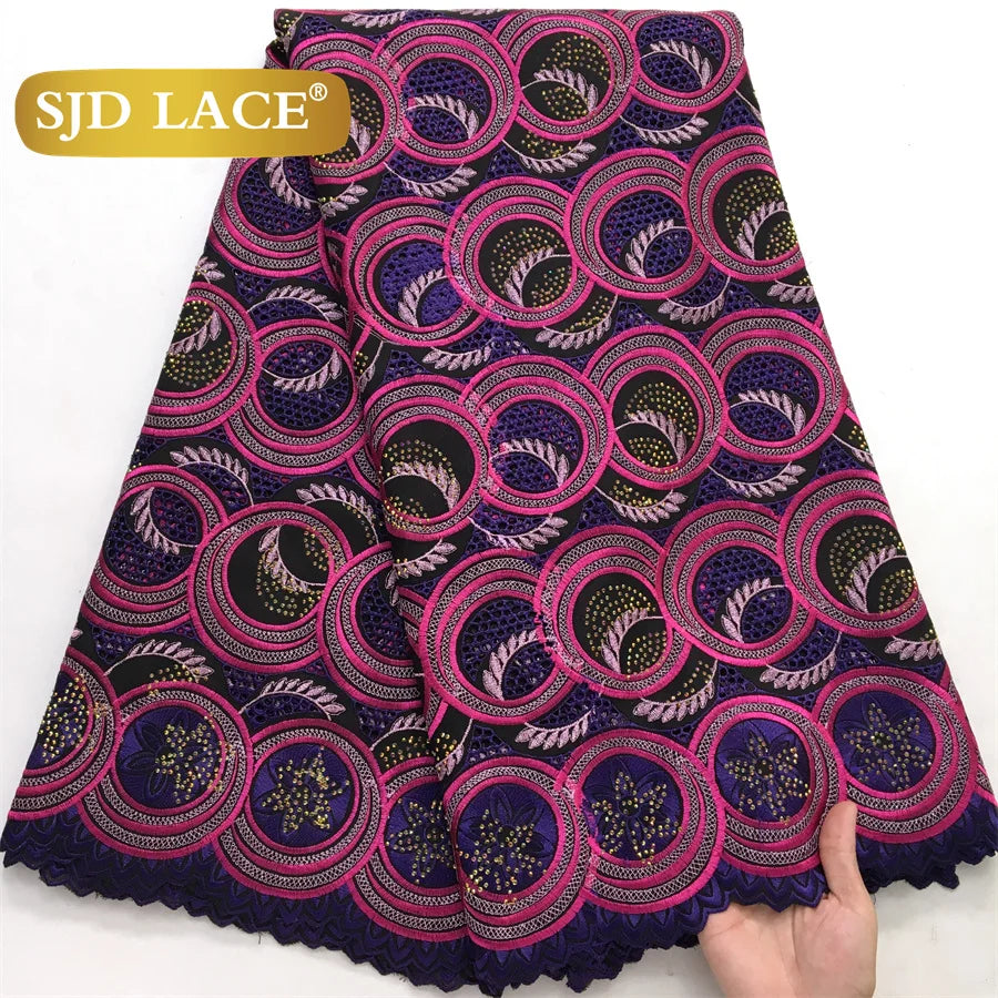 SJD LACE Swiss Voile African Stones Cotton Lace Fabrics 5 Yards 2024 High Quality Nigerian Lace for Women Party Dresses Sew 4079