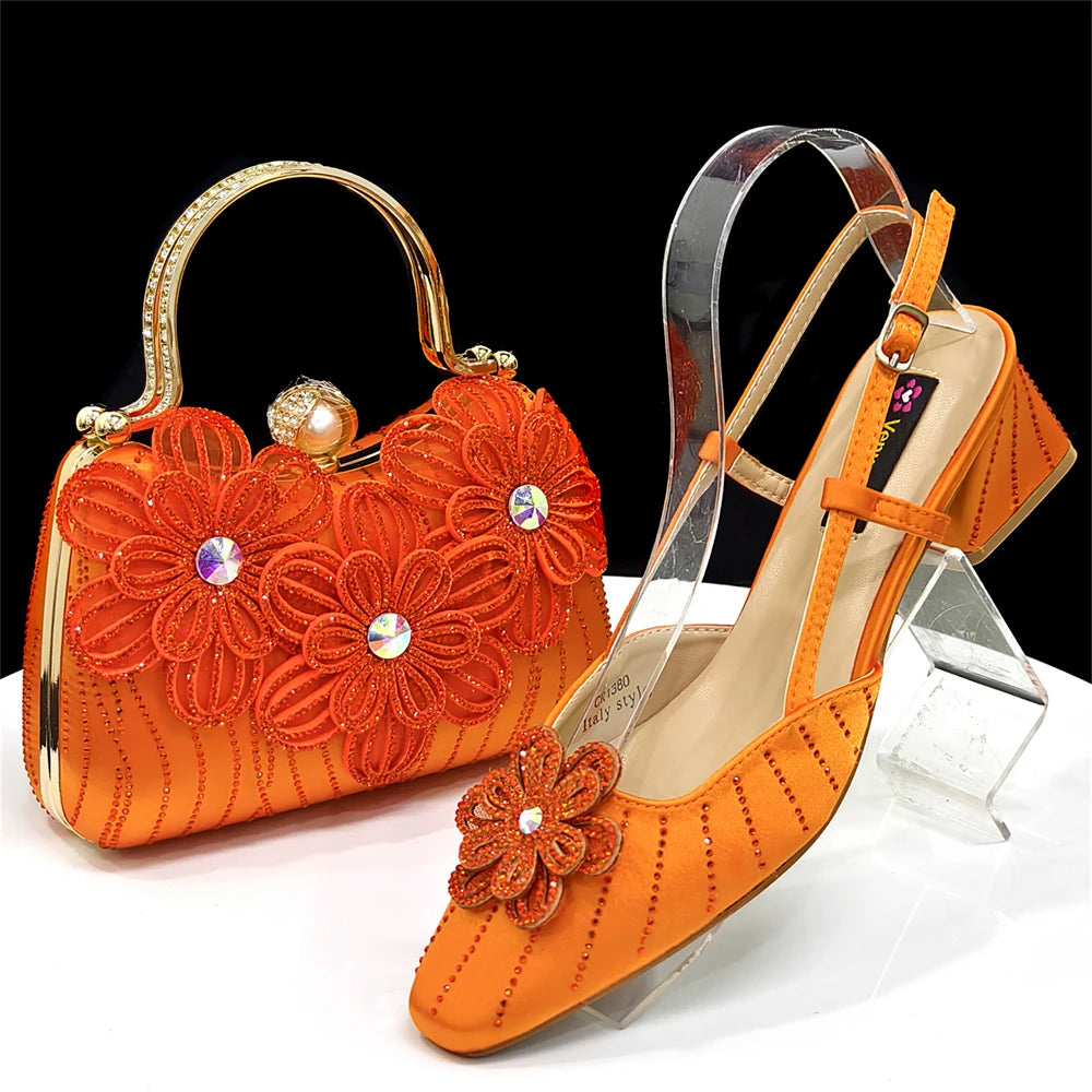 2026 New Elegant Italian Women's Black Heels with Rhinestones and Floral Accents & Matching Clutch Bag Set – Ideal for Parties