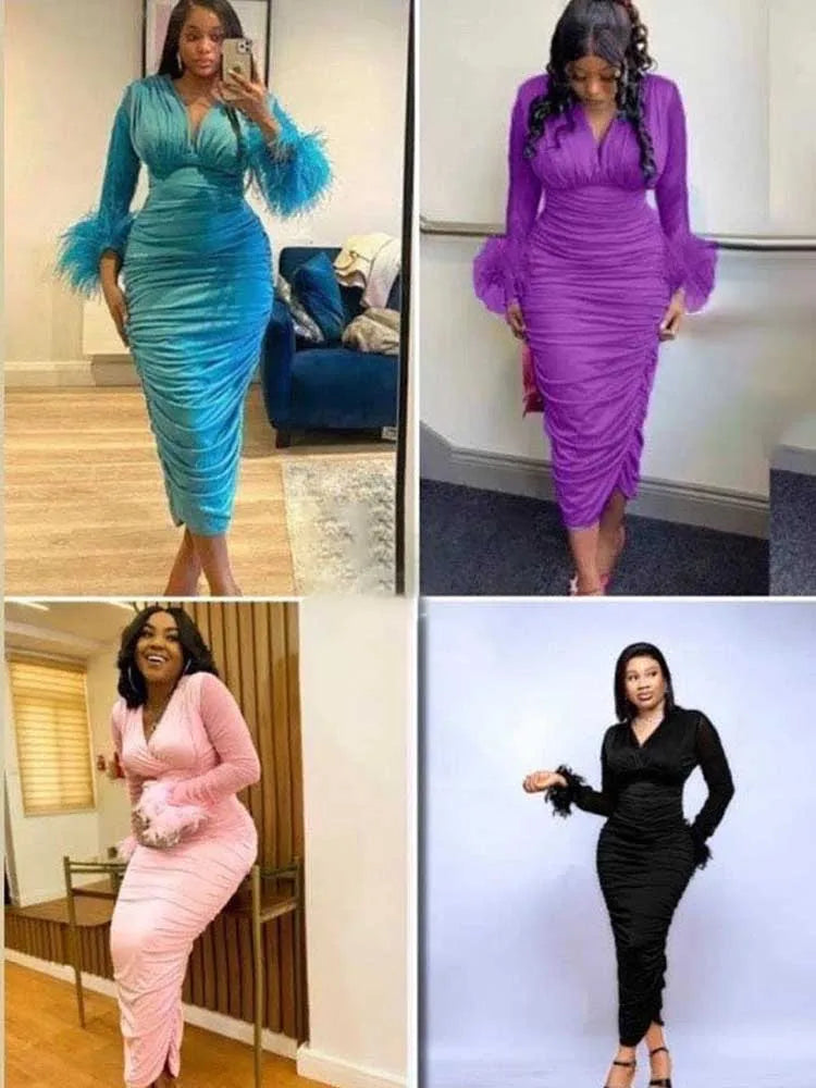 Sexy Bodycon Dress Women Autumn Clothes Solid Color Classy Party Dresses Slim Waist Deep V Neck Long Sleeve Evening Chic Dresses