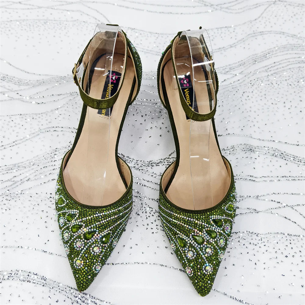 Elegant Italian Rhinestone Pointed-Toe High Heel Shoes with Matching Handbag Set - Stylish & Comfortable Women's Footwear