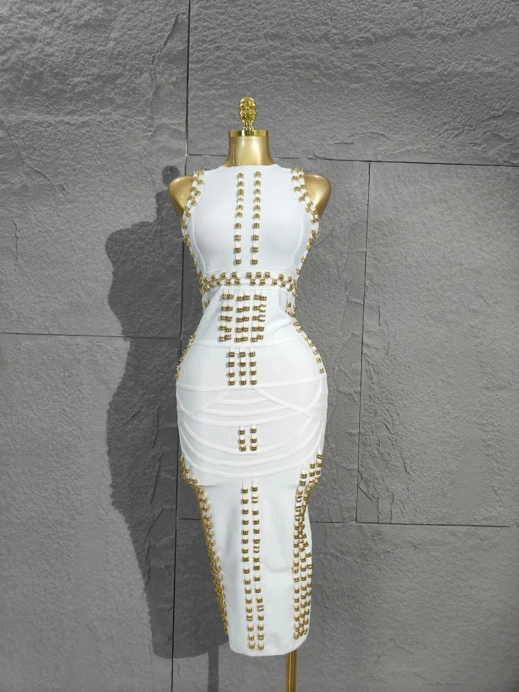 Real Rayon Bandage Midi Dress - High-Quality, Sleeveless with Beads, Thick Knitted Elastic for Vintage Party Occasions