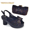 2024 Silver Fashion Square Heels with Platform African Women Shoes and Bag Set Full Crystal Pumps for Wedding Party