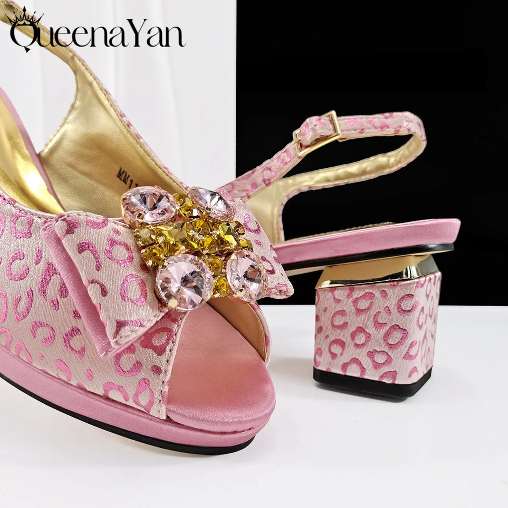 Queena Yan Light Blue Elegant Italian Rhinestone Wedding Shoe and Bag Set -Women Heels and Matching Handbag for Party