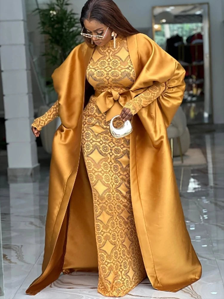 Elegant African Two Pieces Set Inside Bodycon Lace Dresses Sheer Bow Belt Kaftan Boubou Gowns Shiny Robe Weddings Event Occasion