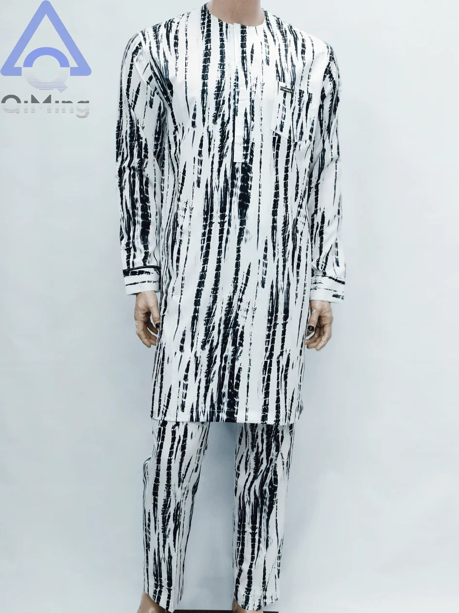 African Muslim Men's Fashion Clothing 2 Pieces White Color-Blocking Tie-Dyeing Printing Modern Prayer Moroccan Islamic Dress