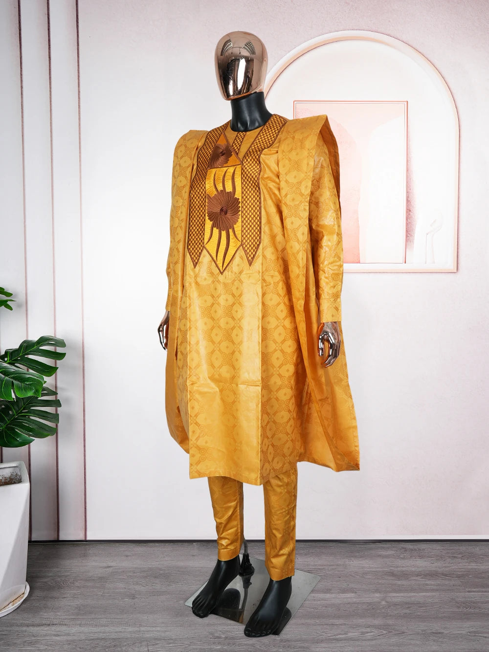 H&D African Clothes Men Native Wear Formal Traditional Embroidery Bazin Riche Dashiki Yellow Shirt Pants 3PCS Bubu Dress Suit