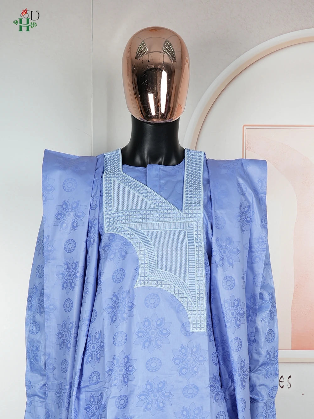 H&D African Clothes Embroidery Blue Gown Plus Size For Men Elegant Party Wedding Thobe 3 PC Top and Pants Suits Set Daily Wear