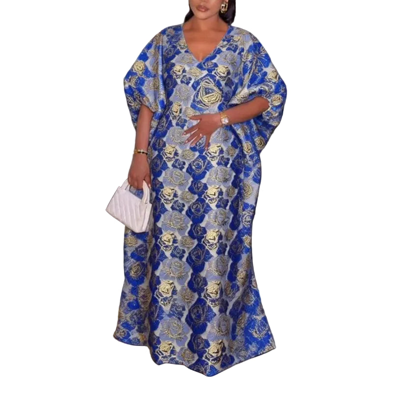 African Bubu Dress Women Floral Jacquard V Neck Half Sleeve Loose Maxi Gown Elegant Modest for Weddings Ramadan Evening Events