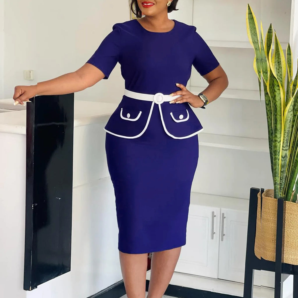 Elegant Fashionable Stretchy Short Sleeve Wrap Body Midi Dress Large Size African Style Commute Dress High Waist Skirt