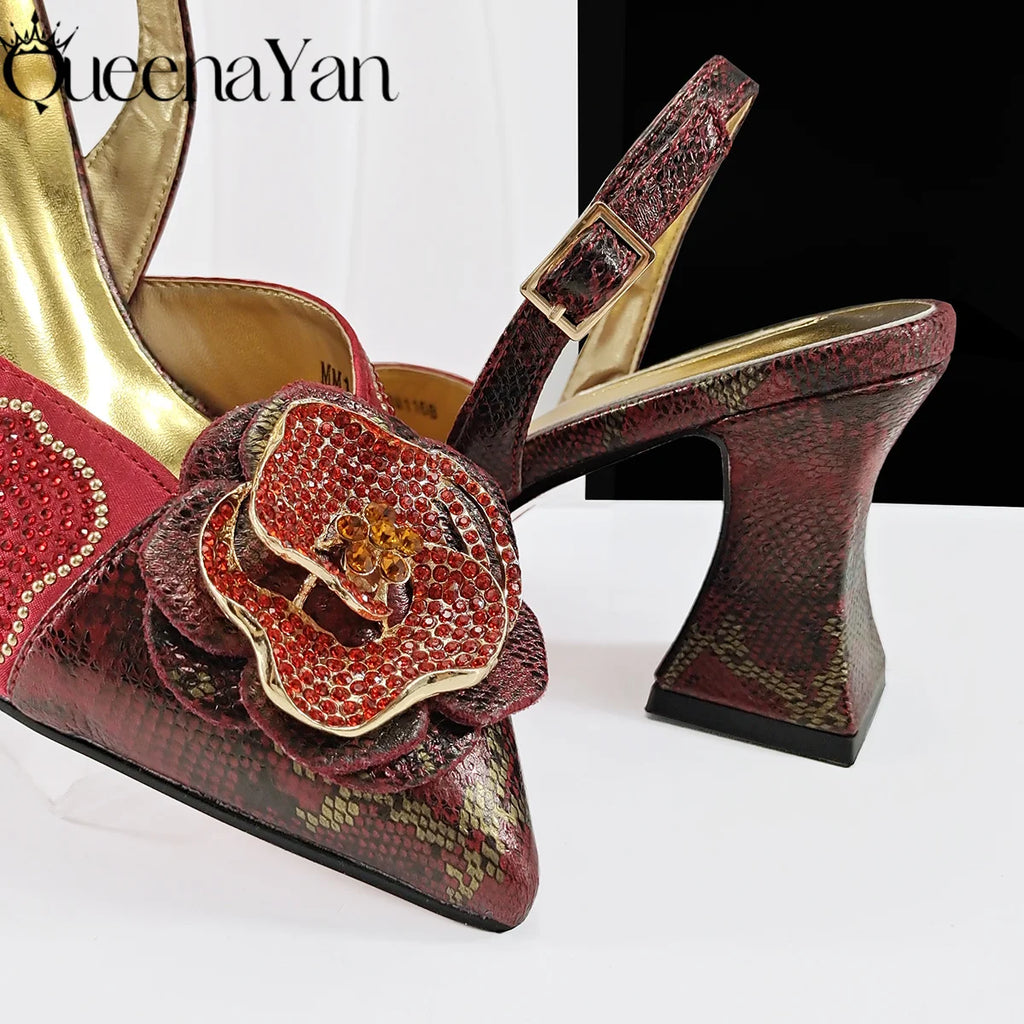 Queena Yan 2025 Elegant Lilac Color Women's Heels Handbag Set Rhinestone Embellished Designer Shoes for Weddings Special Events