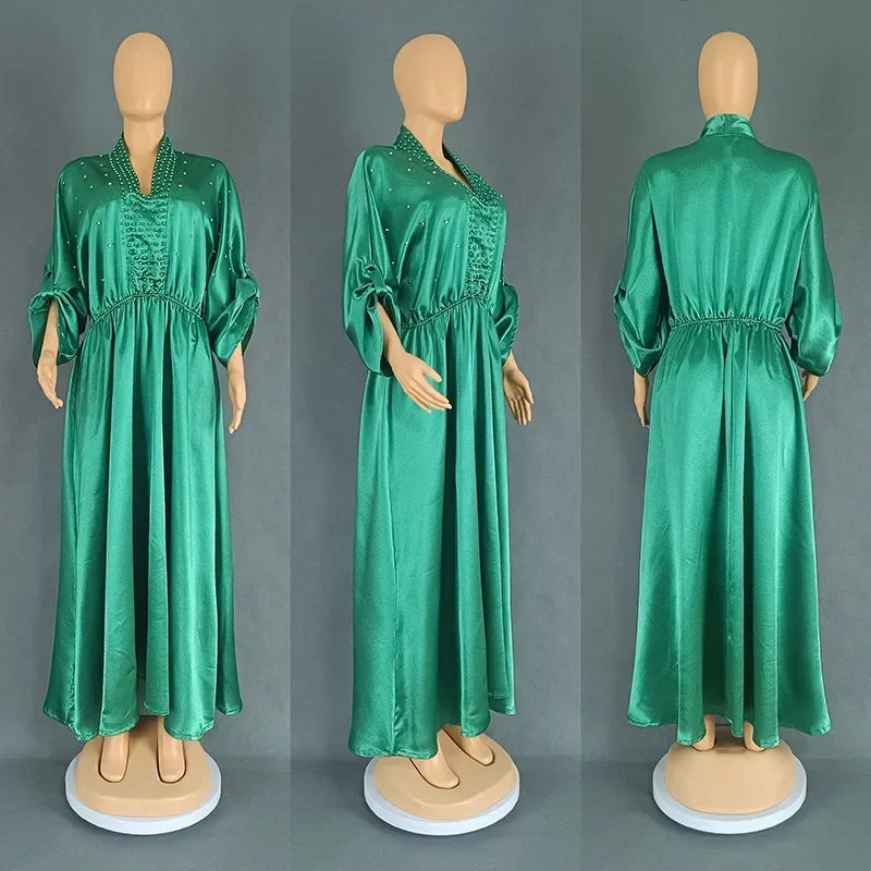 Women Elegant Shiny Satin Loose Party Dress V Neck Beading High Waist Long Gowns Formal Celebrate Evening Event Birthday Robes