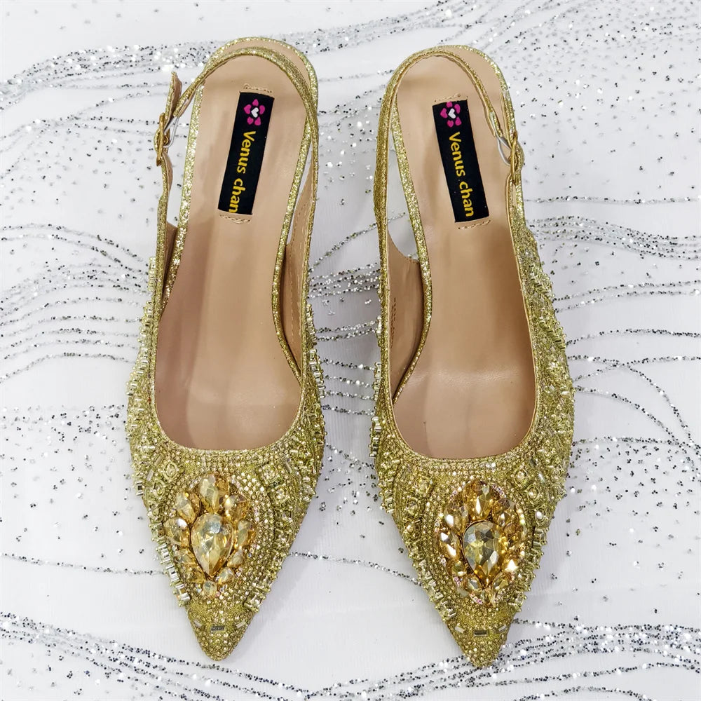 Venus Chan 2025 Elegant Rhinestone Pointed Toe Pumps With Matching Bag Set Large Size shoes Big Bag for Women's Party High Heels