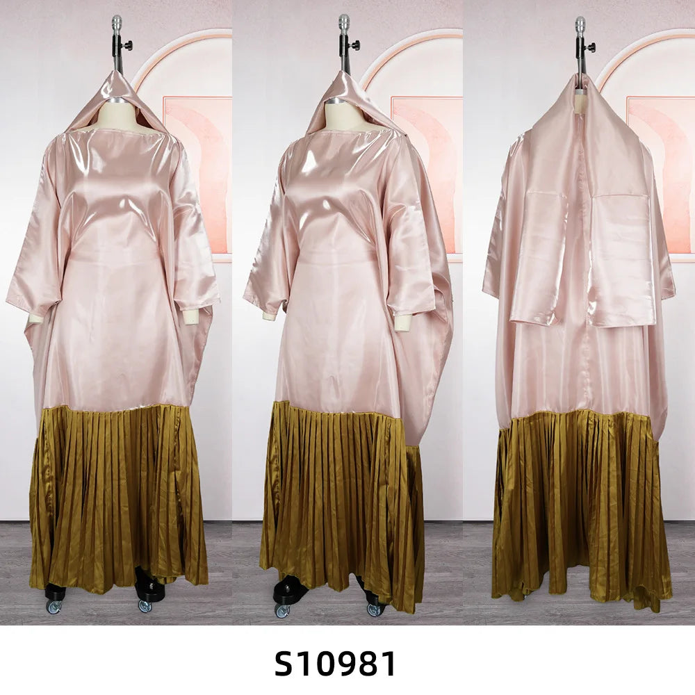Elegant Patchwork Bubu Dresses Slash Neck Long Batwing Sleeves Pleated Hem Kaftan Loose Africa Traditional Party Event Gowns New