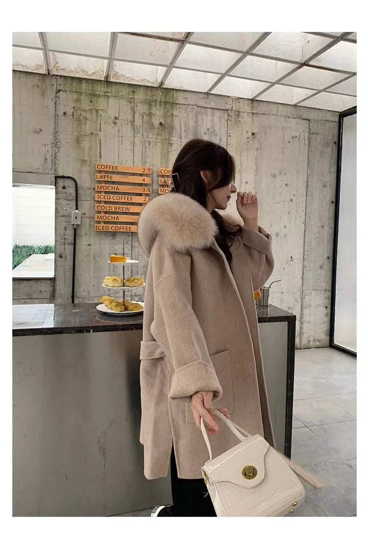 Faced Wool Ladies Winter Jacket Hooded coats Women Luxurious Real Fox Fur Coat Lose Clothing Cashmere Double