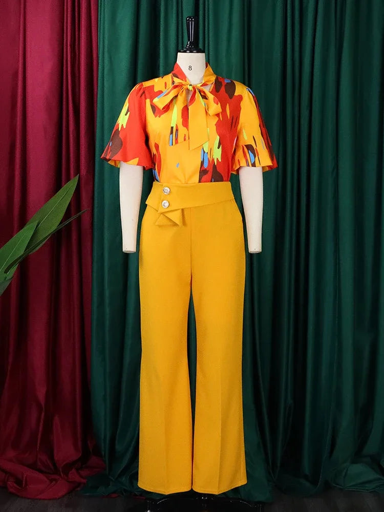 Women Two Pieces Set Printed Blouses Shirts Vintage Bow Collar with High Waist Pants Elegant Spring Fashion Office Ladies Suits