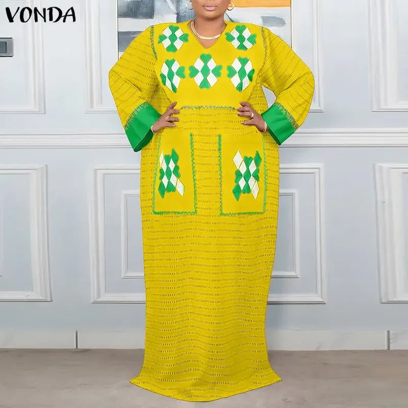 VONDA Plus Size 5XL Bohemian Women Long Sleeve Maxi Dresses 2026 Autumn V-Neck Casual Loose Print Party Vestidos Vintage Robe