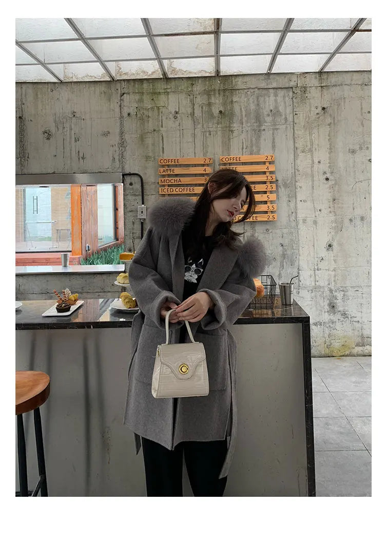 Faced Wool Ladies Winter Jacket Hooded coats Women Luxurious Real Fox Fur Coat Lose Clothing Cashmere Double