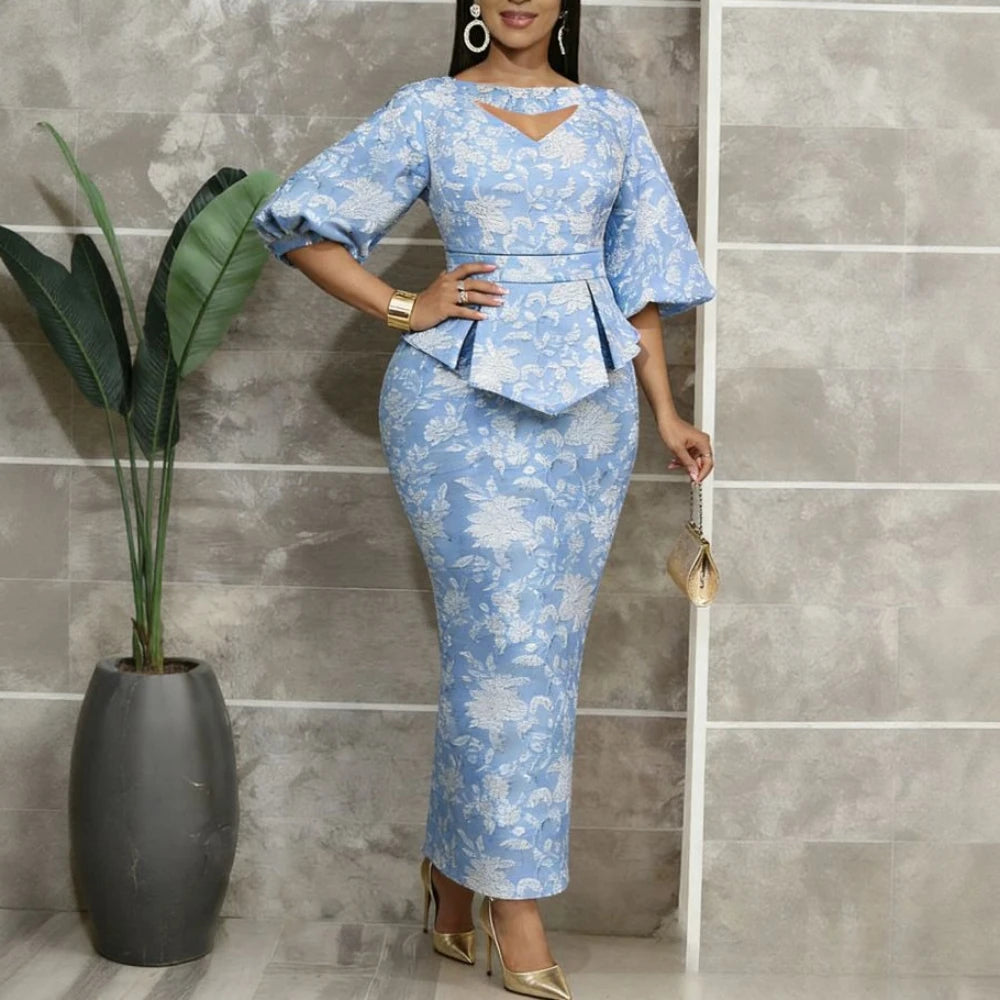 Women Jacquard Package Hip Dress Cut Out Boat Neck Half Puff Sleeves Peplum Weddings Church Evening Party Formal Occasions
