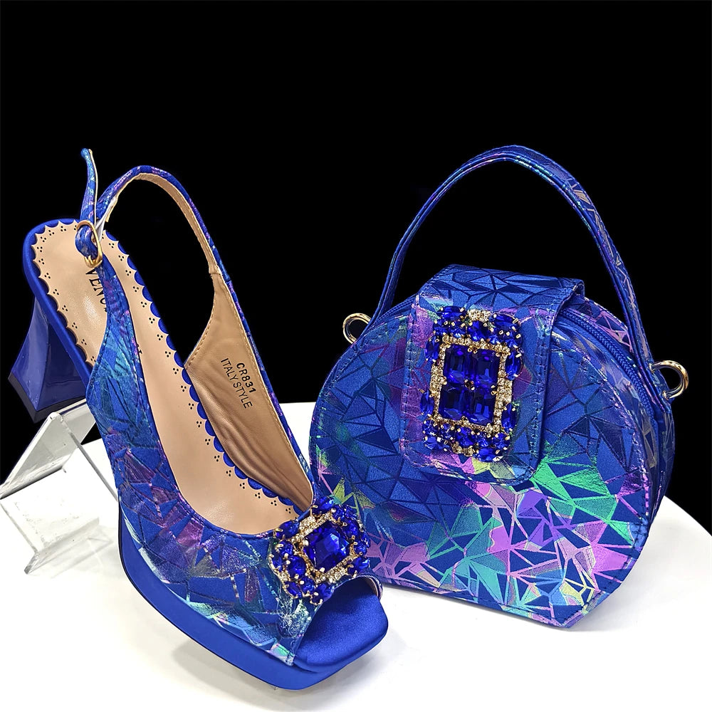 Venus Chan 2025 INS Orange Color Elegant Women Shoes and Bag Set Decoration Rhinestones Square Head Women High Heels Shoes