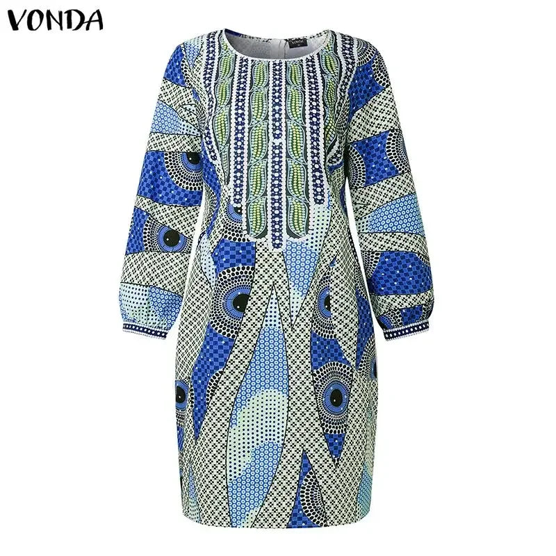 Plus Size VONDA Bohemian Midi Dresses Women Fashion Long Sleeve Print Vintage Party Long Vestidos 2026 Casual Oversize Robe 5XL