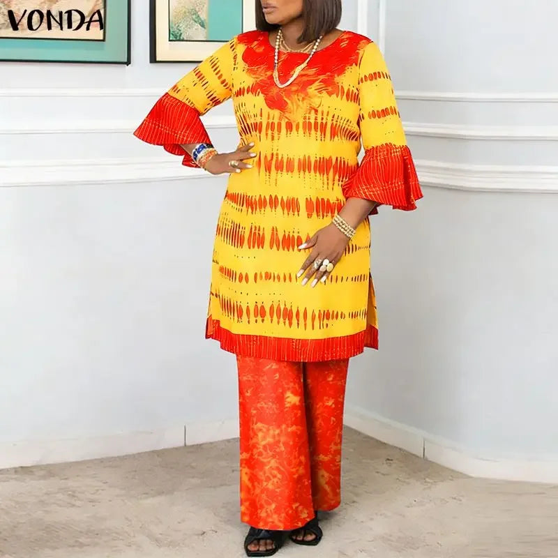 VONDA Plus Size 2PCS 5XL Women Pant Sets 3/4 Flare Sleeve Tops Long Pants Vintage Print Oversize Casual Loose 2 Piece Outfits