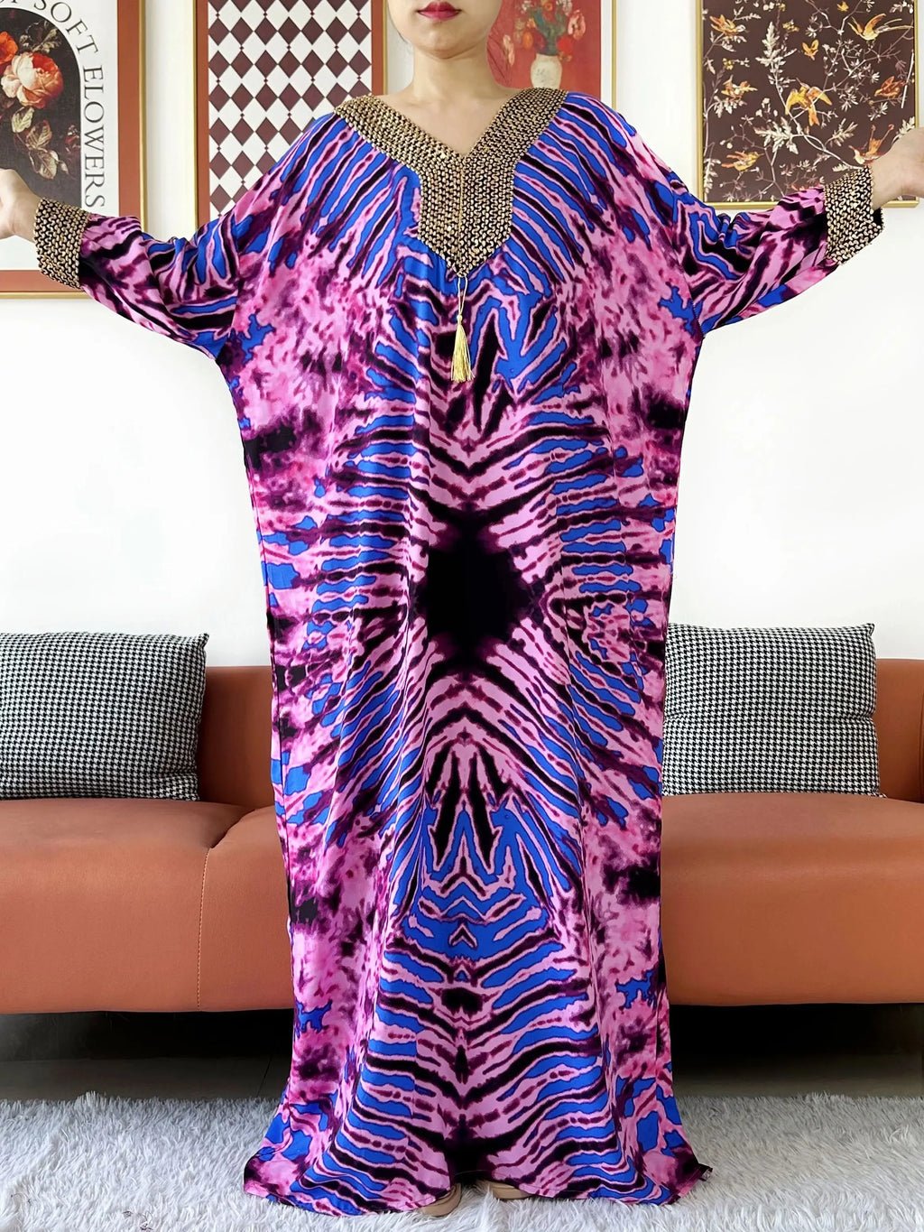 2025 Long Sleeve Embroidered V-Neck Cotton Women Loose Abaya Boho Maxi Dress Casual Fashion Dress African Vestidos