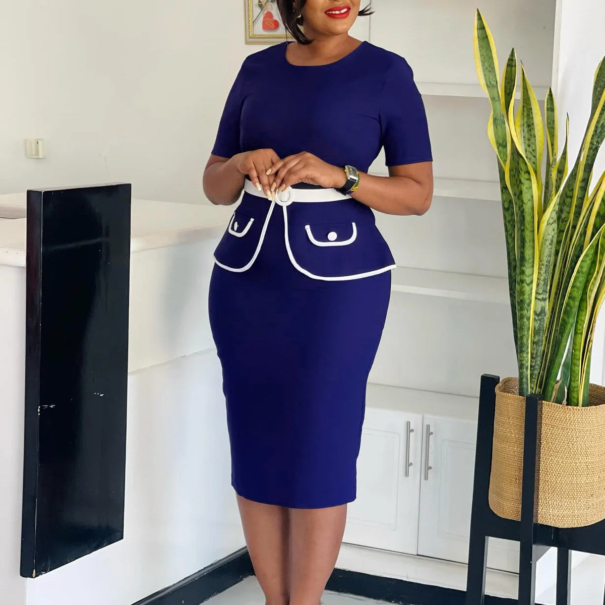 Elegant Fashionable Stretchy Short Sleeve Wrap Body Midi Dress Large Size African Style Commute Dress High Waist Skirt