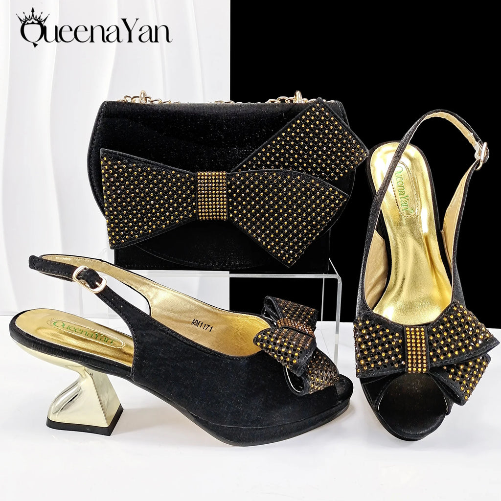 2025 New Rhinestone Design African Shoes & Bag Set in Olive  Open Toe Comfortable Women's High Heels Hot Sale on Instagram