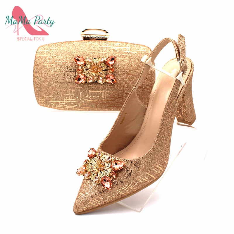 Nigerian Women Shoes and Bag Set in Gold Color High Quality New Arrivals Classics Style for Garden Party