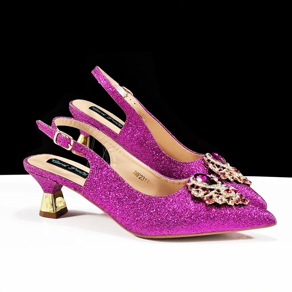 Italian Design Peach Color Pointed Toe Shoe & Bag Set Rhinestone Luxury  Women's High Heels for Parties By QSGFC