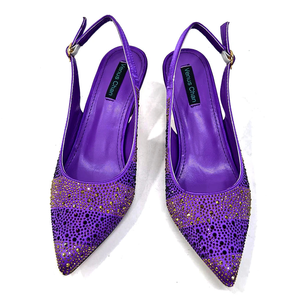 Venus Chan- Elegant High Heels Shoes and Bag Set for Women Pointed Toe Black Color Hollow Rhinestones Matching Bag INS 2024