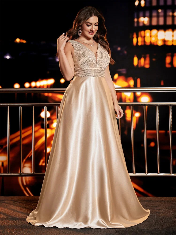 Plus Size Elegant Sequins Evening Dress For Women 2025 Deep V-neck Satin Prom Party Dress Floor Length Formal Gowns