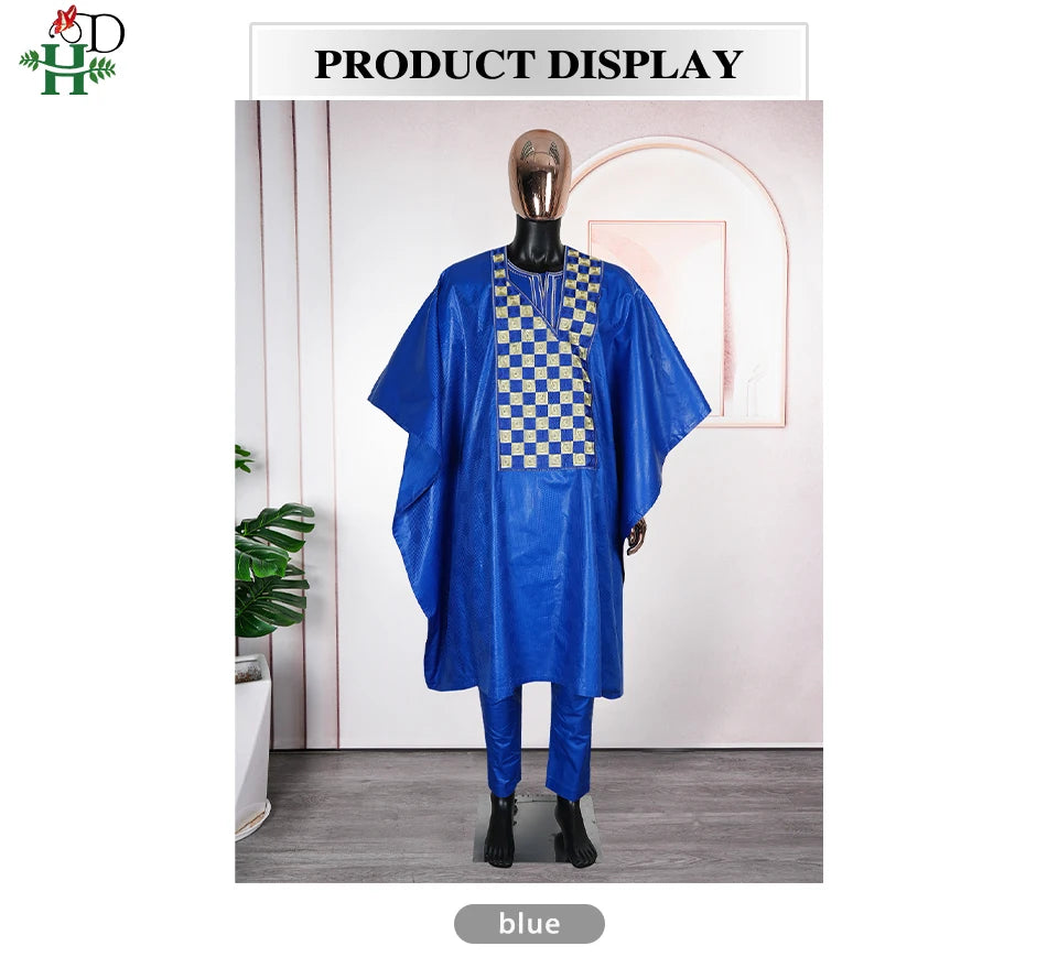 H&D African Clothing For Man Traditional Agbada Sets 3PCS Blue Bazin Riche Shirt Pant Embroidery Wedding Party Suits Plus Size
