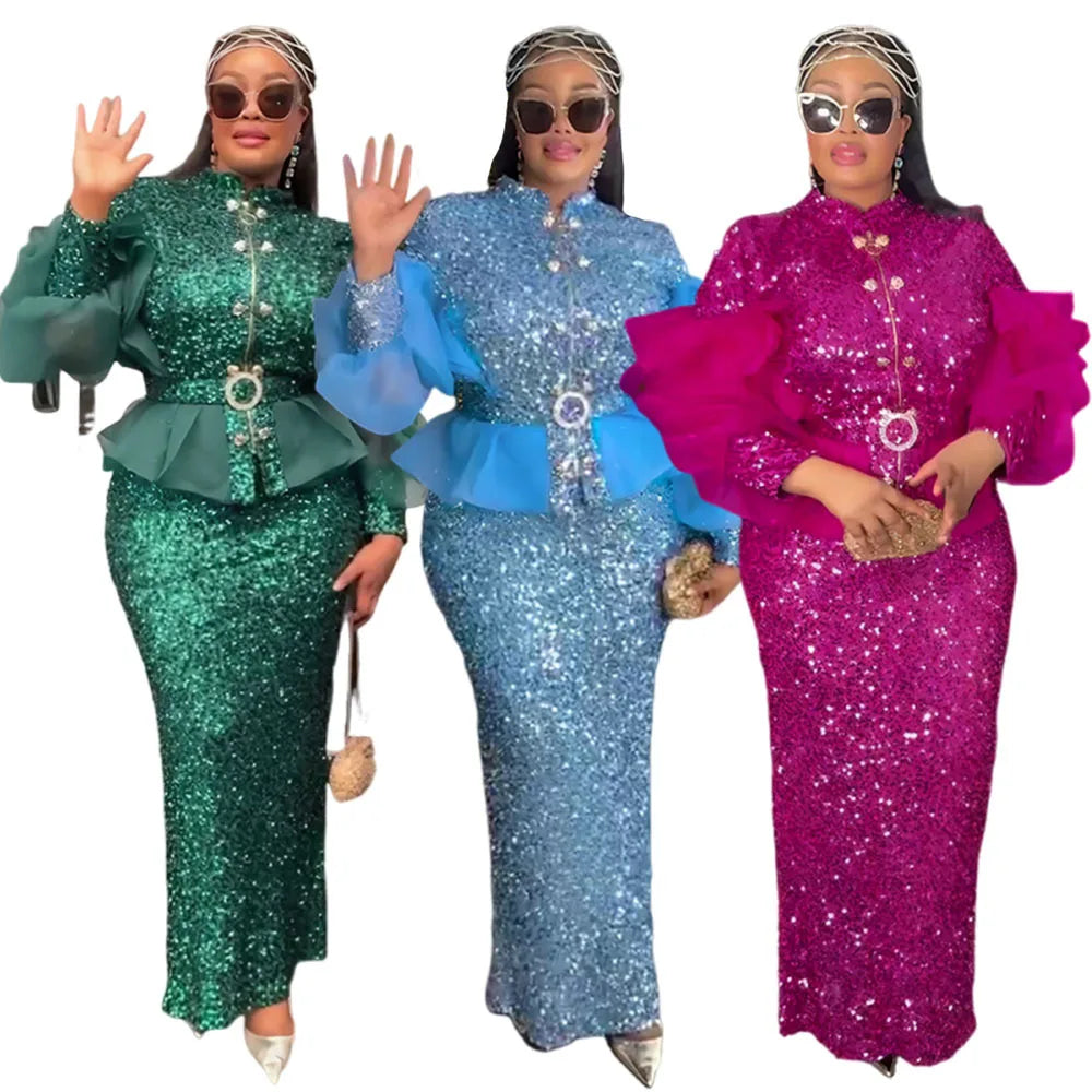 African Clothes for Women 2 PCS Sets Tops And Skirts Suits Dashiki Ankara Christmas Outfits Gown Plus Size Wedding Party Dresses