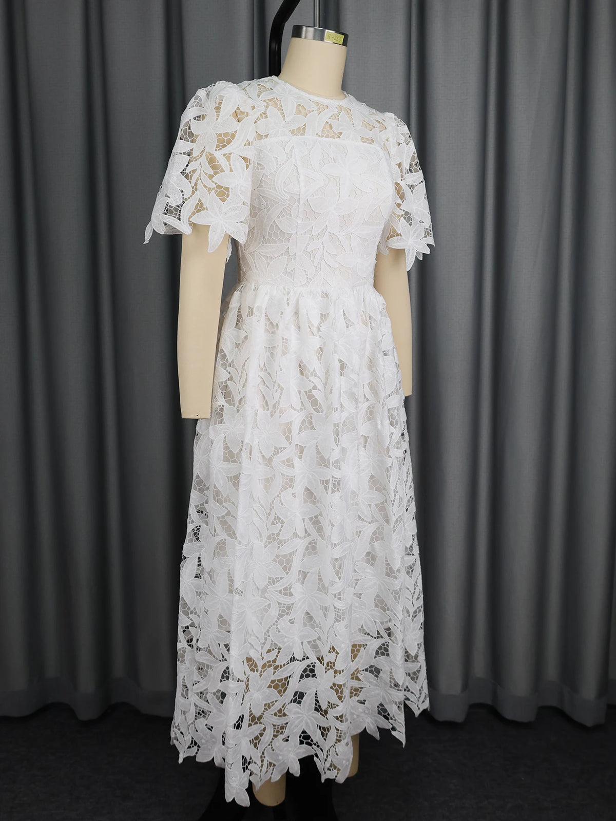 Elegant Lace Dress Irregualr Length Wedding Guest Bridal Shower for Bride Midi O Neck Hollow Out Women Classy Business Party New
