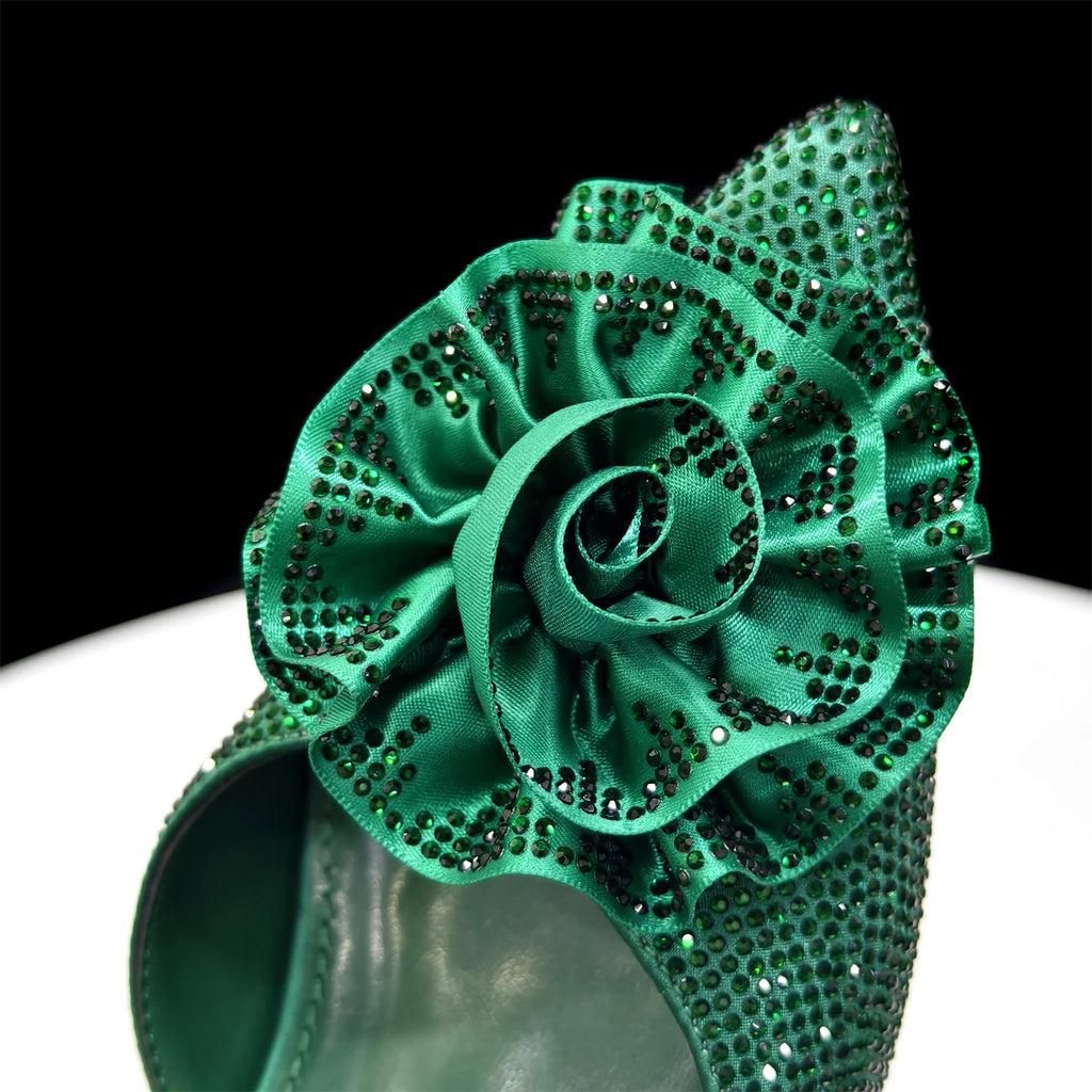 Venus Chan 2025 Elegant Shiny Green Handbag & Medium Heel Shoe Set with Exquisite Handmade Floral Accents for Weddings & Parties