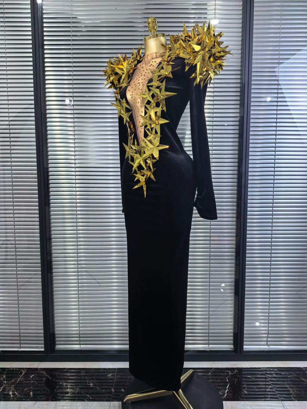 Black Color Women Long Sleeve Golden Stars Velvet Bodycon Long Dress Celebrate Fashion Evening Party Birthday Photo Shoot Wear