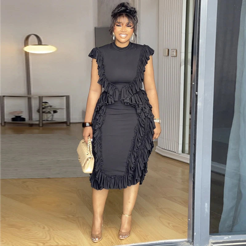 Elegant Women Summer Ruffles Dress Sleeveless Bodycon Round Neck Casual Vintage Slim Evening Party Club Midi Dresses