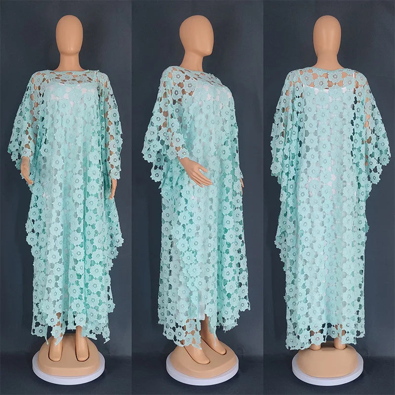 White Lace Hollow Africa Dresses for 2023 Muslim Women Dress African Clothes Dashiki Taditional Boubou Arabic Robe Femme Ramadan