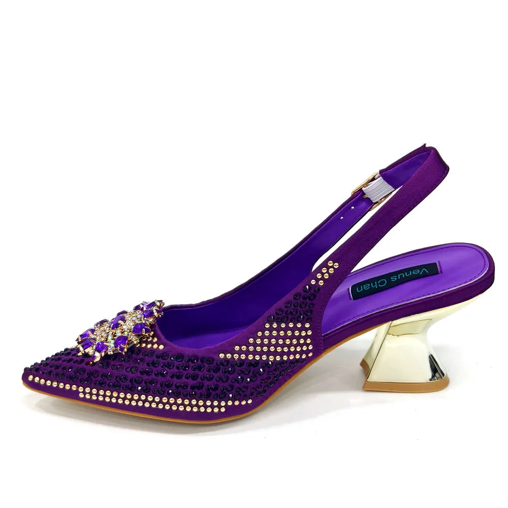 2024 New Designer Specials Italian Women Heels Shoes and Bag Set Royal Purple Color Comfortable With Rhinestone for Party
