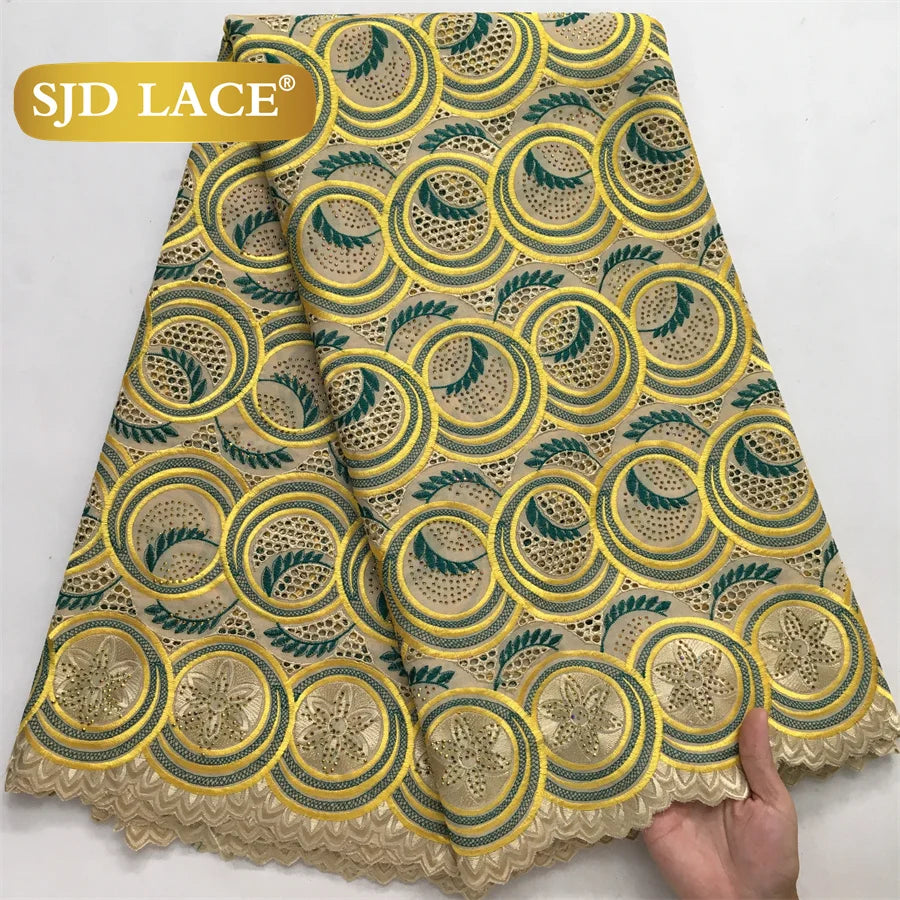 SJD LACE Swiss Voile African Stones Cotton Lace Fabrics 5 Yards 2024 High Quality Nigerian Lace for Women Party Dresses Sew 4079