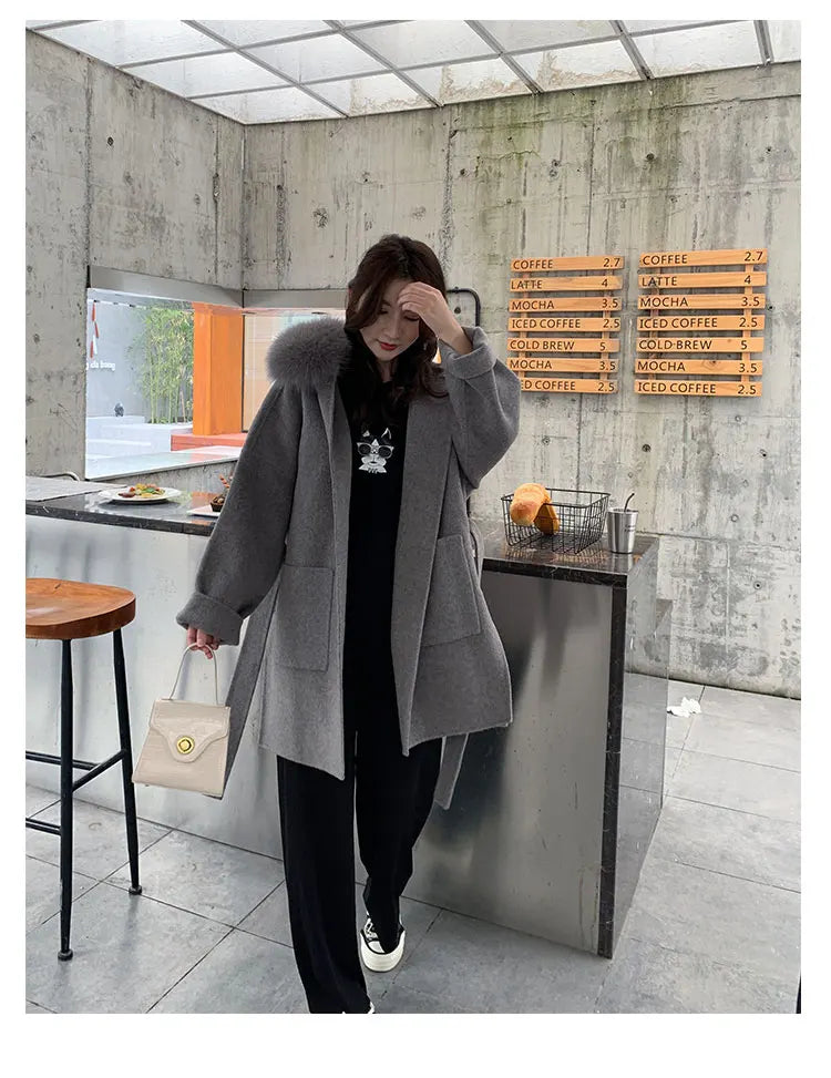 Faced Wool Ladies Winter Jacket Hooded coats Women Luxurious Real Fox Fur Coat Lose Clothing Cashmere Double