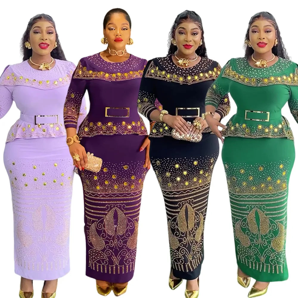 African Party Dresses for Women Elegant Turkey Muslim Wedding Evening Gown Plus Size Dashiki Diamond Bodycon Maxi Long Dress New