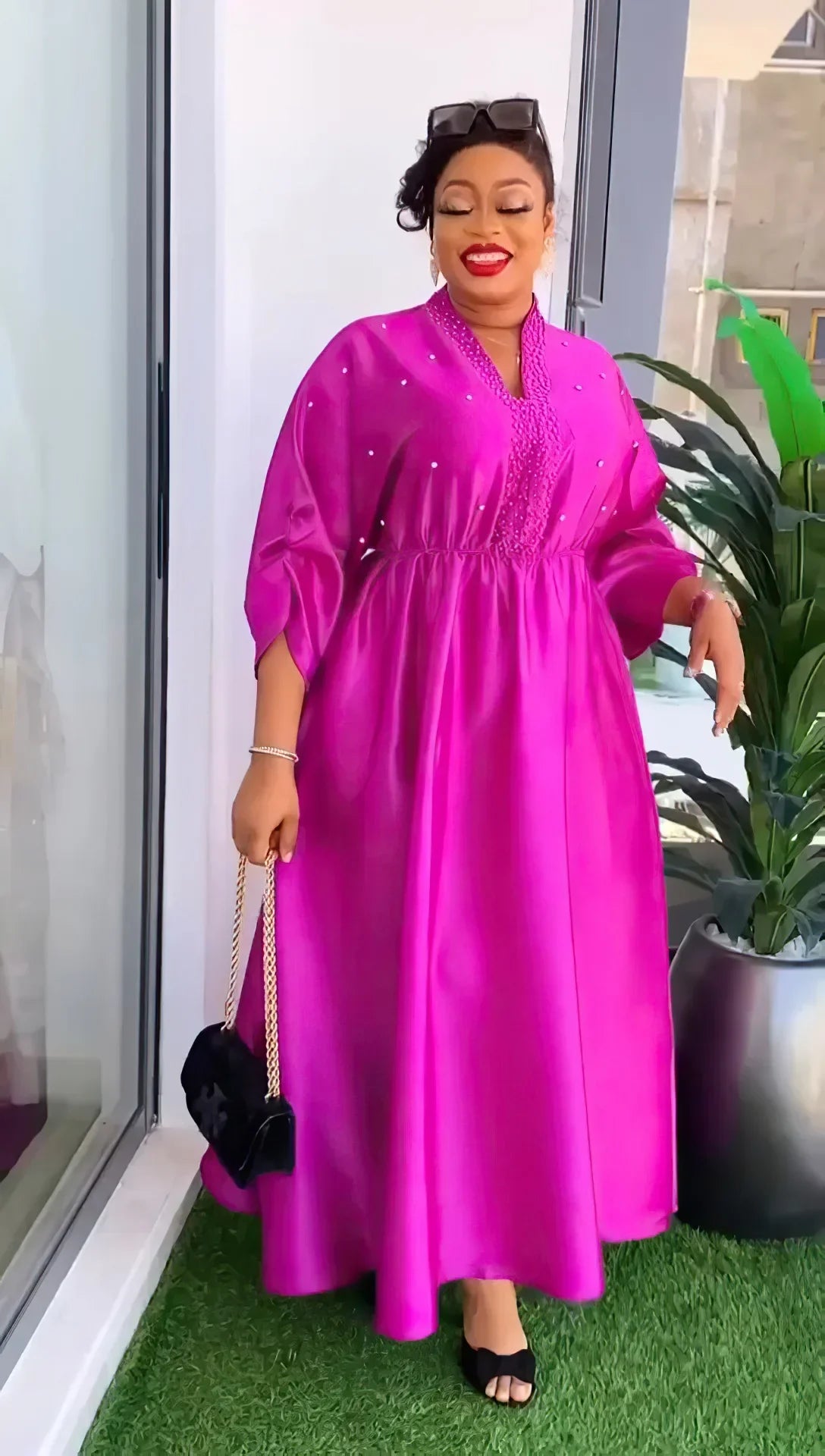 Women Elegant Shiny Satin Loose Party Dress V Neck Beading High Waist Long Gowns Formal Celebrate Evening Event Birthday Robes