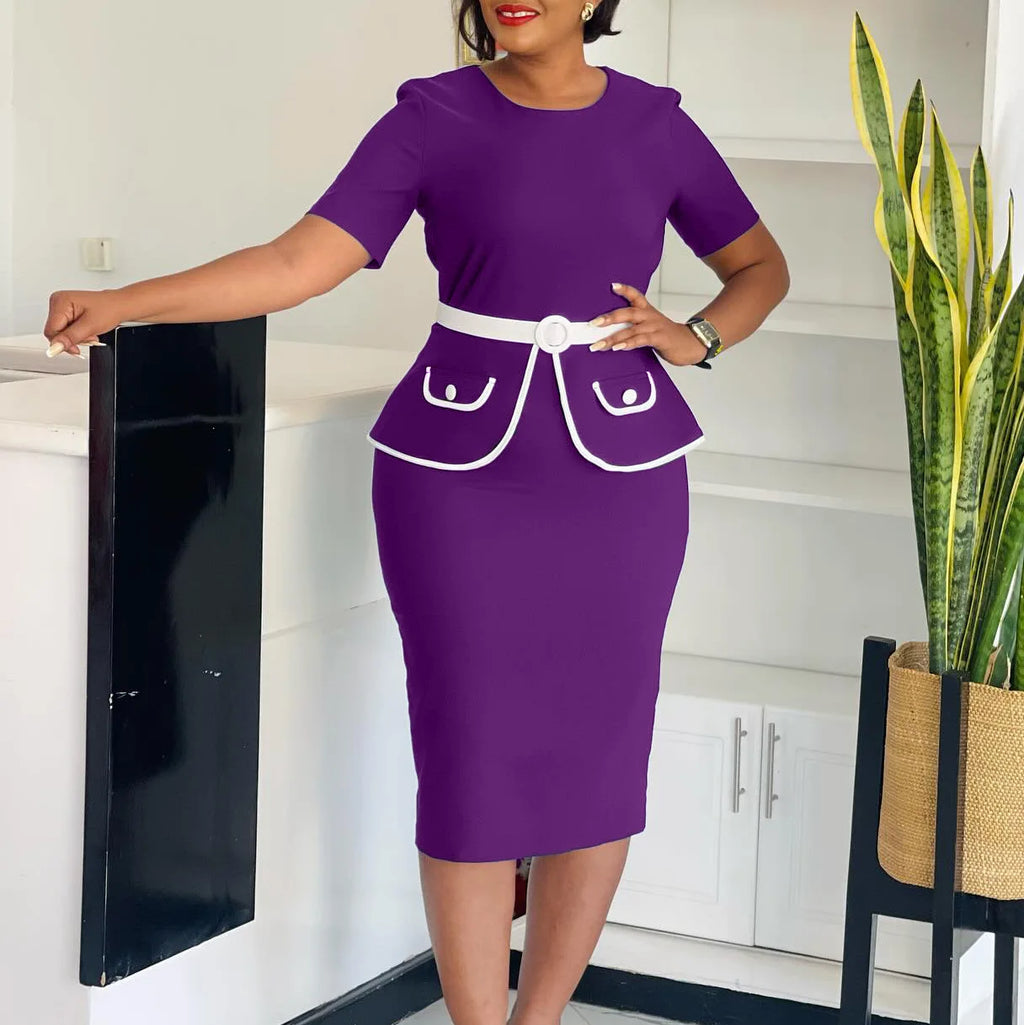Elegant Fashionable Stretchy Short Sleeve Wrap Body Midi Dress Large Size African Style Commute Dress High Waist Skirt