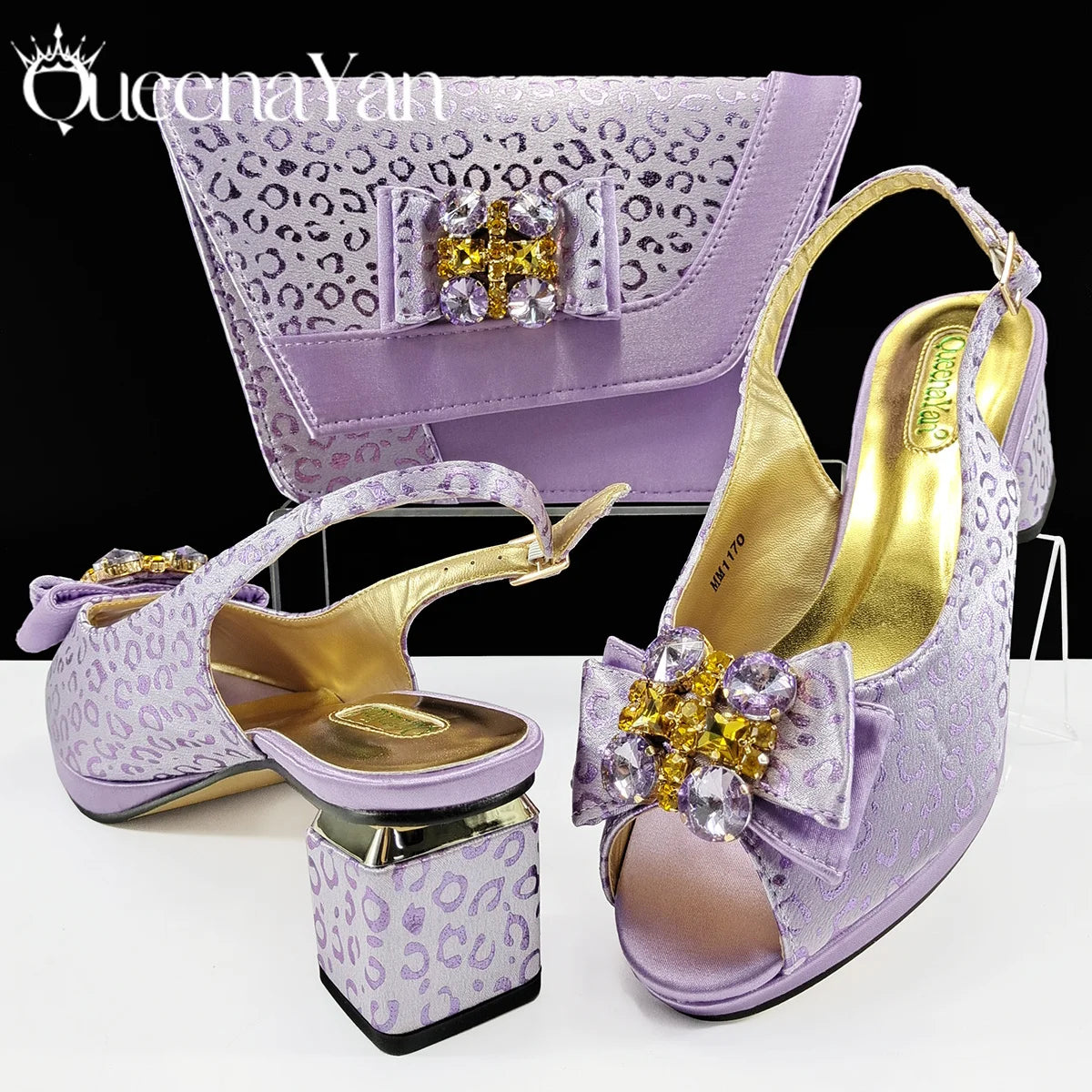 Queena Yan  2025 Shiny Italian Fashion Pointed Toe Women Heel Fashion Rhinestone Decoration Pink Color Shoes And Bag Set