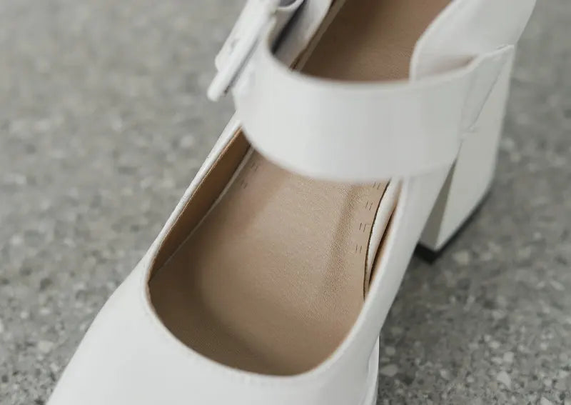 Size 33-48 Patent Shiny PU Leather Lady Office Pumps Wide Buckle Strap Platform Mary Janes Shoes Spring Fall Block Chunky Heels